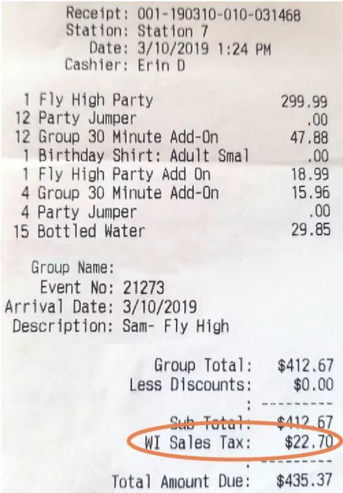 A receipt from a purchase shows sales tax as part of the cost.