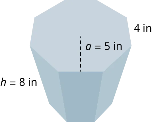 An octagonal prism. Each side of the octagon measures 4 inches. The height of the prism measures h equals 8 inches. The apothem is marked a equals 5 inches.