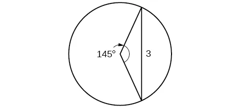 Un triángulo inscrito en un círculo. Dos de los catetos son radios. El ángulo central formado por los radios es de 145 grados, y el lado opuesto es de 3.
