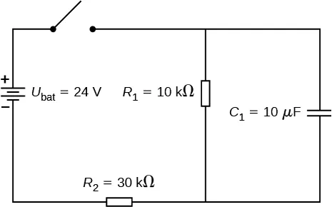 Dodatni zacisk źródła napięcia V ze znakiem 1 o wartości 24 V połączony jest z otwartym przełącznikiem. Na drugim końcu przełącznika jest połączony z dwiema równolełymi gałęziami, jedna z opornikiem R ze znakiem 1 o wartości 10 kΩ i druga z kondensatorem C o wartości 10 μF. Dwie gałęzie są połączone ze źródłem napięcia V ze znakiem 1 poprzez opornik R ze znakiem 2 o wartości 30 kΩ. 