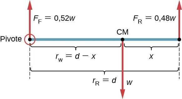 La figura es el esquema que muestra la distribución de masas para un auto de pasajeros con una distancia entre ejes definida como d. El auto tiene el 52 % de su peso sobre sus ruedas delanteras, ahora rodeadas y etiquetadas como Pivote (Ff) y el 48 % de su peso sobre las ruedas traseras (Fr) en terreno llano. La distancia entre el eje trasero y el centro de masa es x. La distancia entre el eje delantero y el centro de masa (rw) es d - x. La longitud de todo el eje está etiquetada con la ecuación rR=d.