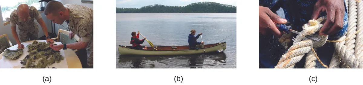 Three photos are shown. In the first, two male soldiers are shown sorting through green brown material on a table. In the second, two people are shown paddling a canoe. In the third, heavy white rope is being manipulated with a hand tool.