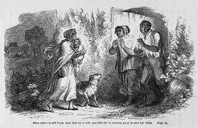 An illustration from Uncle Tom’s Cabin depicts a young enslaved woman, who is disguised with scarves and holding a small child, speaking with an older slave couple under cover of night. The caption reads “Eliza comes to tell Uncle Tom that he is sold, and that she is running away to save her child.”