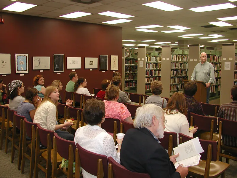 Professor Art Scott Stephens speaks to research students at the Prints and Poems program in Carmichael Library, University of Montevallo, April 19, 2007.