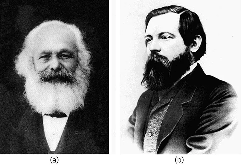 Photos of Karl Marx and Friedrich Engels.