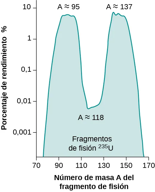 Gráfico del porcentaje de rendimiento en función del número de masa A del fragmento de fisión. La gráfica tiene dos picos en los valores A aproximadamente iguales a 95 y en A aproximadamente iguales a 137. Hay una caída en el gráfico en A aproximadamente igual a 118. El área encerrada bajo el gráfico está marcada como fragmentos de fisión de 235 U.