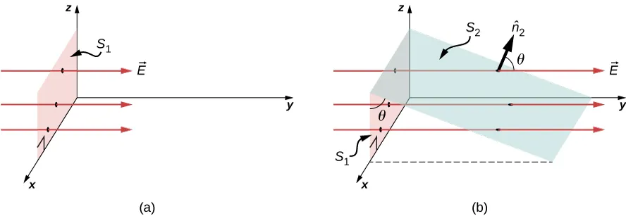 Na rysunku a pokazany jest zacieniowany prostokąt w płaszczyźnie xz. Oznaczony jest S1. Przechodzą przez niego trzy strzałki, oznaczone E. Są one równoległe do osi y i skierowane wzdłuż dodatniej osi y. Rysunek b także przedstawia płaszczyznę S1 i strzałki E. Druga płaszczyzna, oznaczona S2, tworzy z płaszczyzną S1 kąt theta. Linia ich przecięcia jest równoległa do osi x. Strzałka oznaczona n z daszkiem tworzy kąt theta z E.