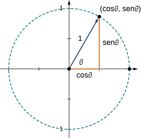 Esta figura es un círculo unitario. Es un círculo centrado en el origen. Tiene un vector con punto inicial en el origen y punto terminal en el círculo. El punto terminal está marcado (cos(theta), sen(theta)). La longitud del vector es de 1 unidad. También se forma un triángulo rectángulo con el vector como hipotenusa. El lado horizontal está marcado como "cos(theta)" y el lado vertical como “sen(theta)”.
