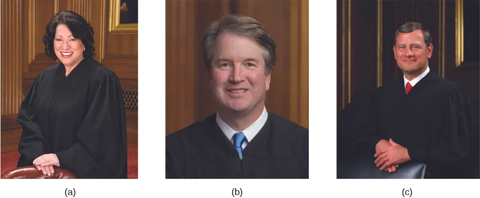 Image A is of Justice Sonia Sotomayor. Image B is of Justice Brett Kavanaugh. Image C is of Justice John Roberts.