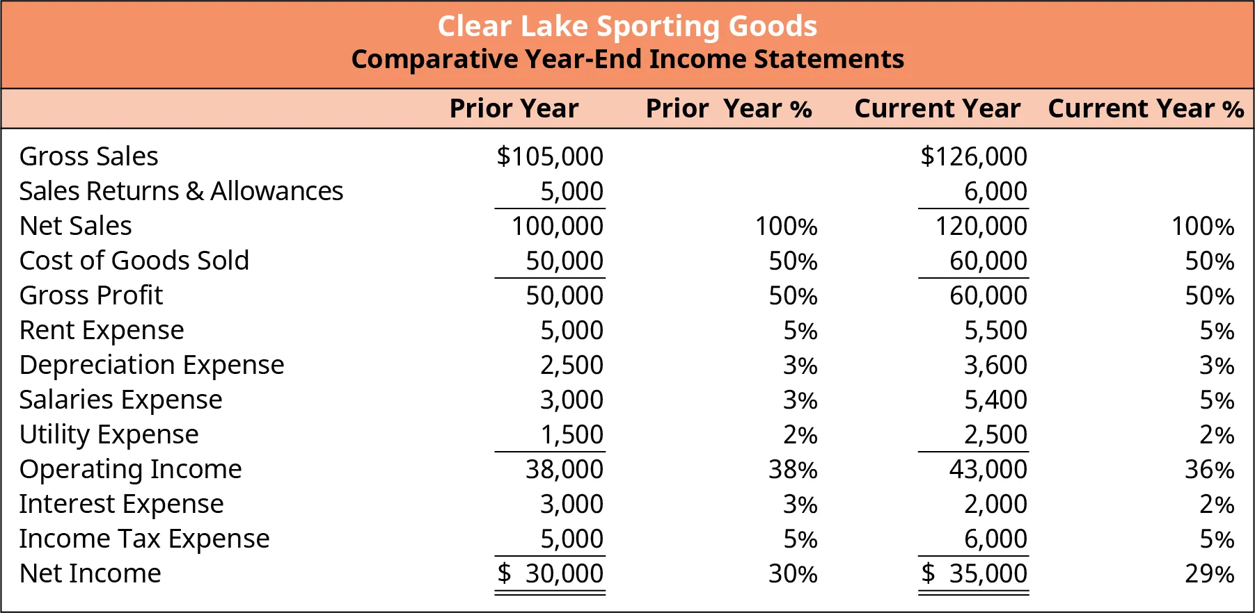 Common-Size income statement for Clear Lake Sporting Good. It shows the percentage figures of various assets and liabilities against the total assets and total liabilities for the prior and current years. The percentage for most items remained the same year over year. However, the salaries expense rose, both in dollars and percentage. In the prior year, salaries expense was $3,000, representing 3% of the prior year. In the current year, salaries expense is $5,400, representing 5%.