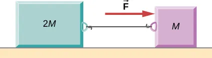 Dos bloques, 2 M a la izquierda y M a la derecha, están unidos por una cuerda y se encuentran en una superficie horizontal. La fuerza F actúa sobre M y apunta hacia la derecha.