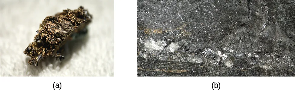 Esta figura contiene dos imágenes. La primera es un pequeño grupo de metal de color bronce con una superficie muy áspera e irregular. La segunda muestra una región en forma de capa de metal plateado incrustado en la roca.