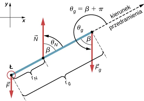 Rysunek rozkładu sił dla przedramienia. Siła F jest przyłożona w punkcie Ł. Siła N jest przyłożona w odległości rN od punktu E. Siła Fg jest przyłożona w odległości rg od punktu E przeciwnie do kierunku F i N. Składowe x i y sił są pokazane. Siła N tworzy kąt tetaN równy beta z kierunkiem przedramienia. Siła Fg tworzy kąt tetag równy beta plus pi z kierunkiem przedramienia.