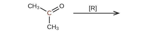 Se muestra el lado izquierdo de una reacción y la flecha. La flecha está marcada con una R entre corchetes. A la izquierda de la flecha hay una estructura molecular que muestra un átomo de C central, de color rojo. Este átomo de C está enlazado a 2 grupos C H subíndice 3 y forma un doble enlace con un átomo de O.