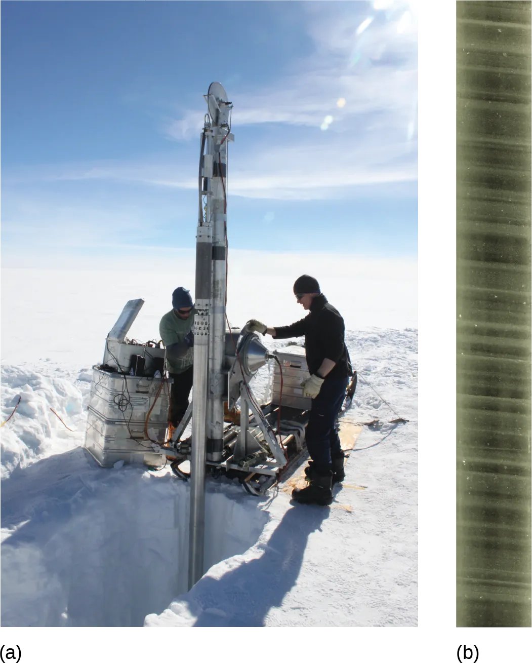 In the first image, a group of scientists uses a drill to extract an ice core in a polar environment. In the second, an ice core is displayed, showing air bubbles trapped within.