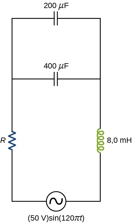 La figura muestra un circuito con una fuente de ac de 50 V, sinusoidal de 120 pi t. Se conecta a un inductor de 8 mH, un condensador de 400 mu F y un resistor R. Se conecta otro condensador en paralelo con el primero. Su valor es de 200 mu F.