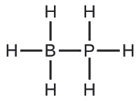 This Lewis structure is composed of a boron atom single bonded to a phosphorus atom. Each of these atoms is single bonded to three hydrogen atoms.