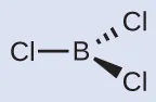 Una estructura de Lewis representa un átomo de boro que está unido con enlace simple a tres átomos de cloro, cada uno de los cuales está orientado en el mismo plano. Esta figura utiliza guiones y cuñas para darle un aspecto tridimensional.