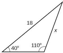 A triangle. One angle is 40 degrees with opposite side = x. Another angle is 110 degrees with side opposite = 18.