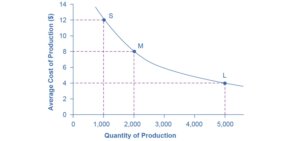 This graph illustrates the concept of economies of scale. The average cost of production is represented on the y-axis, and the quantity of production is represented on the x-axis. The curve shown is downward-sloping. The first point is an average production cost of 12 dollars at a production of 1,000 units. The next point is an average production cost of 8 dollars at a production of 2,000 units. The final point is a production cost of 4 dollars at a production of 5,000 units. As production increases, average production cost decreases.