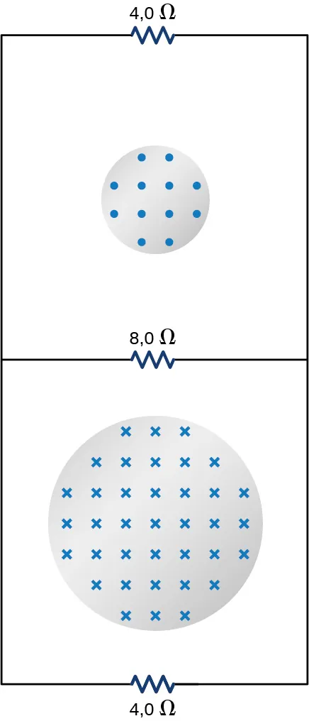La figura muestra dos solenoides infinitos que cruzan el plano del circuito. El circuito consta de tres resistores: Un resistor de 8 Ohm en el centro y dos resistores de 4 Ohm en los bordes.