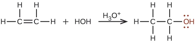 Esta reacción muestra dos carbonos conectados por un doble enlace, cada uno con dos átomos de H enlazados más la flecha H O H marcada como "H subíndice 3 O superíndice más", seguida de dos átomos de carbono conectados con un enlace simple con 5 átomos de H enlazados y un grupo O H que se indica en rojo en el extremo derecho de la molécula. El O de este grupo se muestra con 2 pares de puntos de electrones.