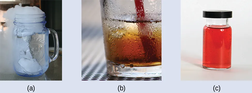 This figure has three photos labeled, “a,” “b,” and “c.” Photo a shows a glass with a solid in water. There is steam or smoke coming from the top of the glass. Photo b shows the bottom half of a glass with water sticking to its outside surface. Photo c shows a sealed container that holds a red liquid.