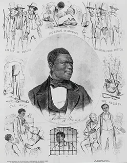 An illustration shows a portrait of Anthony Burns surrounded by scenes from his life, including his escape from Virginia, his arrest in Boston, and his address to the court.
