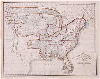 A historical map of the United States is drawn to show a massive eagle encompassing the whole of the nation.