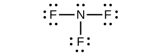 Esta estructura de Lewis muestra un átomo de nitrógeno, con un par solitario de electrones, que tiene un enlace simple con tres átomos de flúor. Cada átomo de flúor tiene tres pares solitarios de electrones.