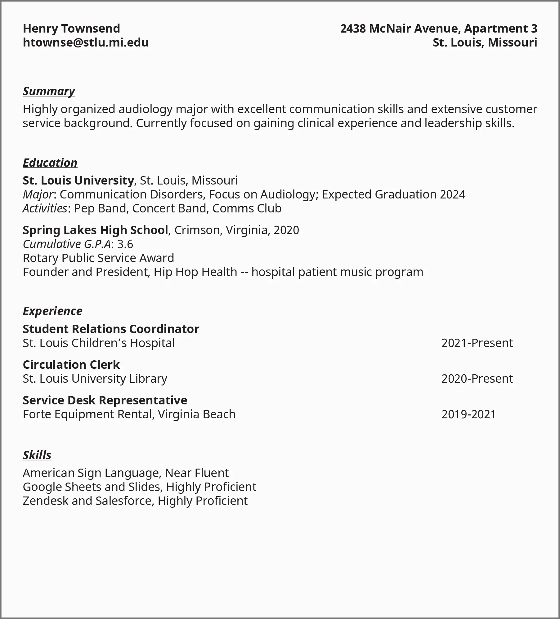 An image shows a sample resume from a college student listing details under the heads “Summary,” “Education,” “Experience,” and “Skills.”