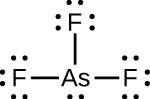 Una estructura de Lewis muestra un átomo de arsénico enlazado a tres átomos de flúor. Cada átomo de flúor tiene un par solitario de electrones.