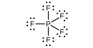 Esta estructura de Lewis muestra un átomo de fósforo que tiene enlace simple con cinco átomos de flúor, cada uno con tres pares solitarios de electrones.