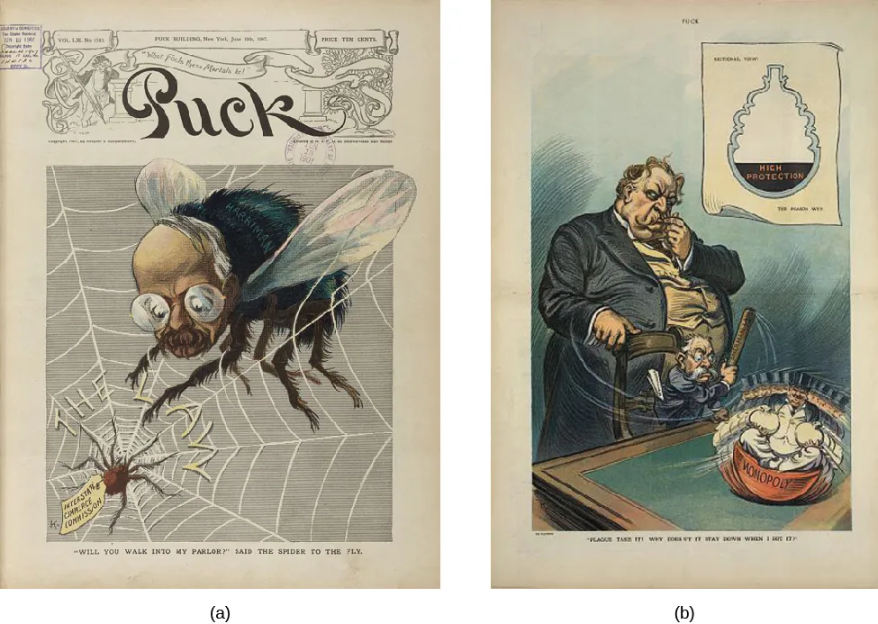 Image A is an illustration of a large fly with a man’s face. The fly is stuck in a web labeled “The Law”. In the center of the web is a spider labeled “Interstate Commerce Commission”. Under the image, a caption states “Will you walk into my parlor?” The Puck magazine title runs across the top of the image. In image B, President William Howard Taft stands behind his attorney general George W. Wickersham as Wickersham tries to beat a “Monopoly”, depicted as a round bottomed statue of a top hat and tuxedo wearing man, with a stick labeled “Sherman Law”. The caption under the illustration says “Why doesn’t it stay down when I hit it?”
