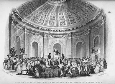 An illustration depicts the auction of captured people and material goods beneath a large, ornate rotunda. On the center auction block, an auctioneer calls for bids on an enslaved man, woman, and child. On auction blocks to either side, auctioneers sell off large paintings and other goods. Well-dressed people crowd the room and haggle over the items for sale.