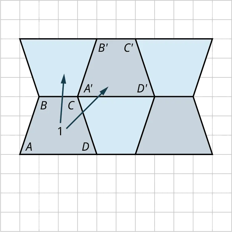 A tessellation pattern made up of six trapezoids is plotted on a rectangular grid. The sides of each square measure 2 units. The sides of each equilateral triangle measure 2 units. The square A 1 is rotated 30 degrees to the right to form a new square A 2. The new square is reflected horizontally to form a new square A 3. These 3 squares are reflected vertically along a dashed line. The spaces in between the squares resemble triangles.