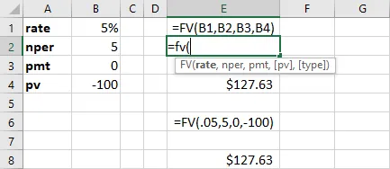 Screenshot of FV Function within Excel. Cells E1 and E2 show how the FV function appears in the spreadsheet as it is typed in with the required arguments. Cell E4 shows the calculated answer for cell E1 after hitting the enter key. Once the Enter key is pressed, the hint banner appearing in cell E3 will disappear. The second example of the FV function is in cell E6. The actual numerical values are used in the FV function equation rather than cell references. The method in cell E8 is referred to as hardcoding.