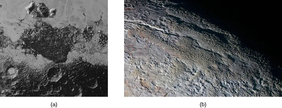 Image A shows the surface of Pluto, with cratered highlands at the bottom and hills at the top. Image B shows another area of the surface on Pluto, with rounded mountains.