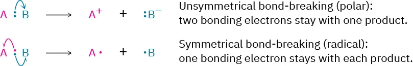 Two reactions of A B with a shared pair of electrons show unsymmetrical bond-breaking (full arrow) and symmetrical bond-breaking (fish hook arrows), respectively.