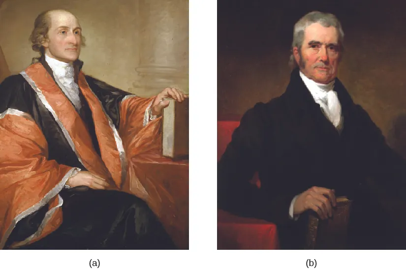 Image A is of Justice John Jay. John is seated with his left hand on a book. Image B is of Justice John Marshall. John is standing, and holds a book is his right hand.