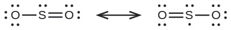 Se muestran dos estructuras de Lewis con una flecha de doble punta entre ellas. La estructura de la izquierda muestra un átomo de azufre con un par solitario de electrones unido con enlace simple por la izquierda a un átomo de oxígeno con tres pares solitarios de electrones. El átomo de azufre también tiene un doble enlace por la derecha con un átomo de oxígeno con dos pares solitarios de electrones. La estructura de la derecha muestra los mismos átomos, pero esta vez el doble enlace está entre el oxígeno izquierdo y el átomo de azufre. Los pares solitarios de electrones también se han desplazado para explicar el cambio de tipos de enlace. El átomo de azufre en las estructuras de la derecha también tiene un tercer punto de electrones debajo.