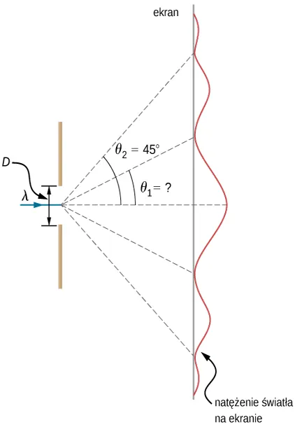 Figura przedstawia po lewej stronie pionową linię. Linia posiada szczelinę w swoim środku,długość szczeliny wynosi D. Promień opisany jako lambda przechodzi poziomo przez szczelinę. Promień rozdziela się na 5 przerywanych linii, które padają na ekran. Ekran jest przedstawiony jako jako pionowa linia. Spośró tych pięciu przerywanych linii, dwie tworzą kąty theta 1 i theta 2 z poziomem. Theta 2 wynosi 45 stopni. Theta 1 jest mniejszy niż theta 2 i jego miara nie jest znana. Natężenie na ekranie jest przedstawione jako piniowa fala. Środkowe maksimum jest największe. Po obu stronach maksimum fala ulega osłabieniu. Pozostałe cztery przerywane linie odpowiadają dolinom fali.
