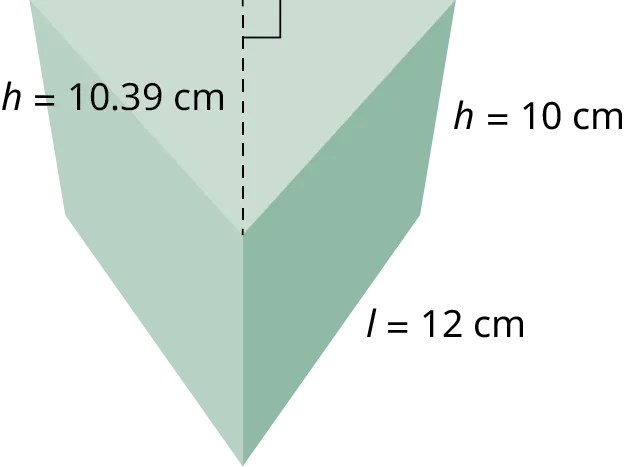 A right triangular prism. One of the sides of the triangle is labeled l equals 12 centimeters. The height of the triangle is labeled h equals 10.39 centimeters. The height of the prism is labeled h equals 10 centimeters.