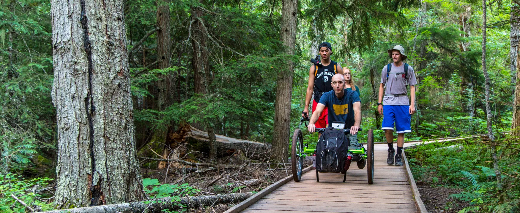 A person in a wheelchair racer is followed by three hikers as they cross over a wooden pathway in a forest.