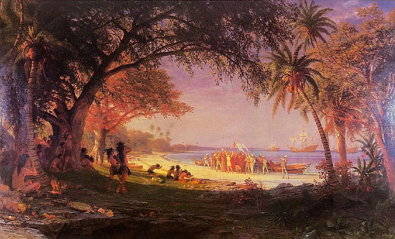 This painting shows an open area in a forest leading to a beach and water. Trees are on the left and right forming an arc at the top. The bottom left shows people with leaves tied around their waists and feathers in their hair. Most have stripes painted on their bodies. The people are sitting, squatting, and standing in front of the trees while some hide behind the trees. A few are in the middle opening bowing. Fruits and vegetables are strewn all over the ground. In the center on the beach, people in armor, long pants and robes, stand with their arms stretched looking toward the group’s center at white flags with crosses being held up high. A man in a long brown robe with a cross above his head stands in the center. One man wearing just pants bows down on one knee in front of the group. Boats are behind them on the shore with three large ships in the background further out in the water.