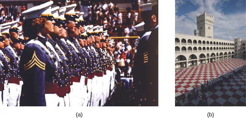 A: an image of a group of cadets standing in rows. B: an image of a building with one high tower and several archways. In the foreground is a large tiled courtyard.