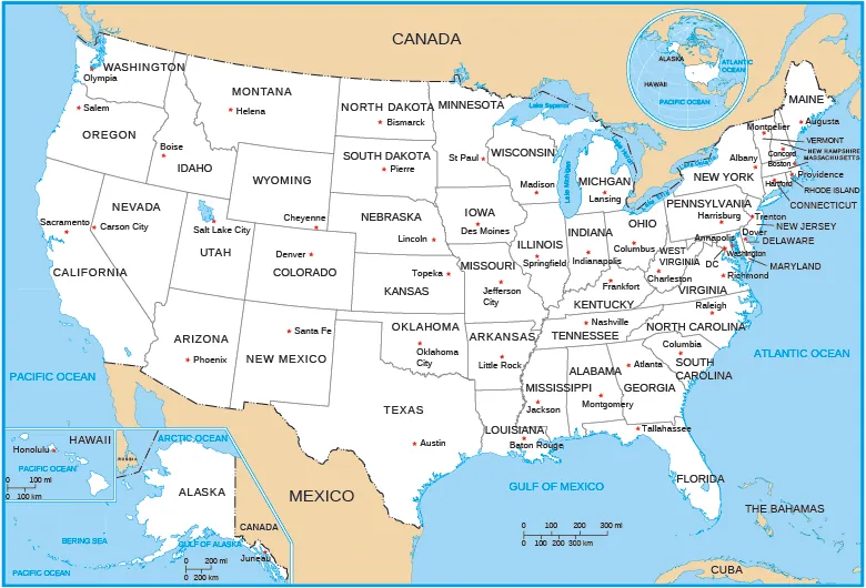 A map shows the 48 contiguous states of the U.S., with Alaska and Hawaii shown in insets. The main map shows the Atlantic Ocean, Pacific Ocean, and Gulf of Mexico. The great lakes are labeled: Lake Superior, Lake Michigan, Lake Huron, Lake Erie, and Lake Ontario. Canada, Mexico, Cuba, and The Bahamas are shown. These 48 contiguous states and their capitals are labeled: Alabama (Montgomery), Arizona (Phoenix), Arkansas (Little Rock), California (Sacramento), Colorado (Denver), Connecticut (Hartford), Delaware (Dover), Florida (Tallahassee), Georgia (Atlanta), Idaho (Boise), Illinois (Springfield), Indiana (Indianapolis), Iowa (Des Moines), Kansas (Topeka), Kentucky (Frankfort), Louisiana (Baton Rouge), Maine (Augusta), Maryland (Annapolis), Massachusetts (Boston), Michigan (Lansing), Minnesota (St. Paul), Mississippi (Jackson), Missouri (Jefferson City), Montana (Helena), Nebraska (Lincoln), Nevada (Carson City), New Hampshire (Concord), New Jersey (Trenton), New Mexico (Santa Fe), New York (Albany), North Carolina (Raleigh), North Dakota (Bismarck), Ohio (Columbus), Oklahoma (Oklahoma City), Oregon (Salem), Pennsylvania (Harrisburg), Rhode Island (Providence), South Carolina (Columbia), South Dakota (Pierre), Tennessee (Nashville), Texas (Austin), Utah (Salt Lake City), Vermont (Montpelier), Virginia (Richmond), Washington (Olympia), West Virginia (Charleston), Wisconsin (Madison), Wyoming (Cheyenne). Washington DC is shown. An inset shows the position of the U.S. mainland, Alaska, and Hawaii in relation to the north pole, Eurasia, and South America. An inset shows Hawaii (Honolulu) in the Pacific Ocean. An inset shows Alaska (Juneau) surrounded by the Arctic Ocean, Gulf of Alaska, Bering Sea, and Pacific Ocean.
