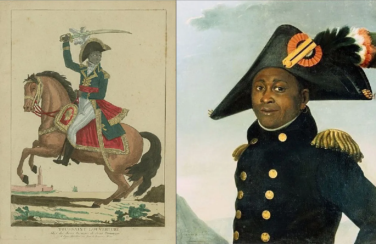 The image on the left shows Louverture in a military uniform, riding a horse, holding a sword over his head. The image on the right is closeup image of Louverture from the waist up. He wears a military uniform and hat.