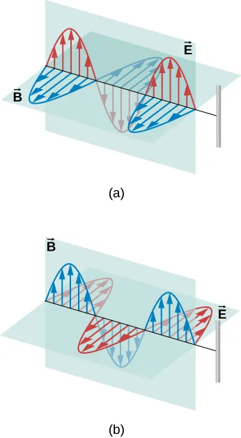 Las figuras a y b muestran las ondas electromagnéticas con componentes tanto eléctricas como magnéticas. En la figura a, el campo eléctrico es paralelo al cable y el campo magnético es perpendicular. En la figura b, el campo magnético es paralelo al cable y el campo eléctrico es perpendicular.