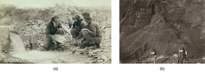 Image (a) is a photograph of three prospectors kneeling beside a stream and panning for gold. Image (b) is a photograph of a two laborers engaged in hydraulic mining, with a massive expanse of rock spread out before them.